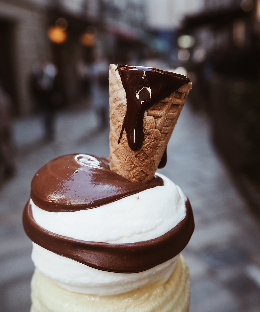Chocolate ice cream cone with melted chocolate Cioccolatitaliani